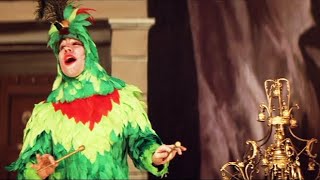 man in parrot costume; Simon Callow as Papageno in Mozart's The Magic Flute in Amadeus