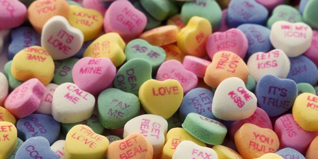 closeup of conversation heart candies