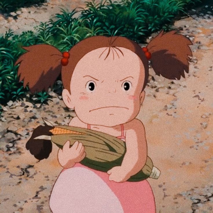 girl with pigtails holds an ear of corn; Miyazaki's Totoro